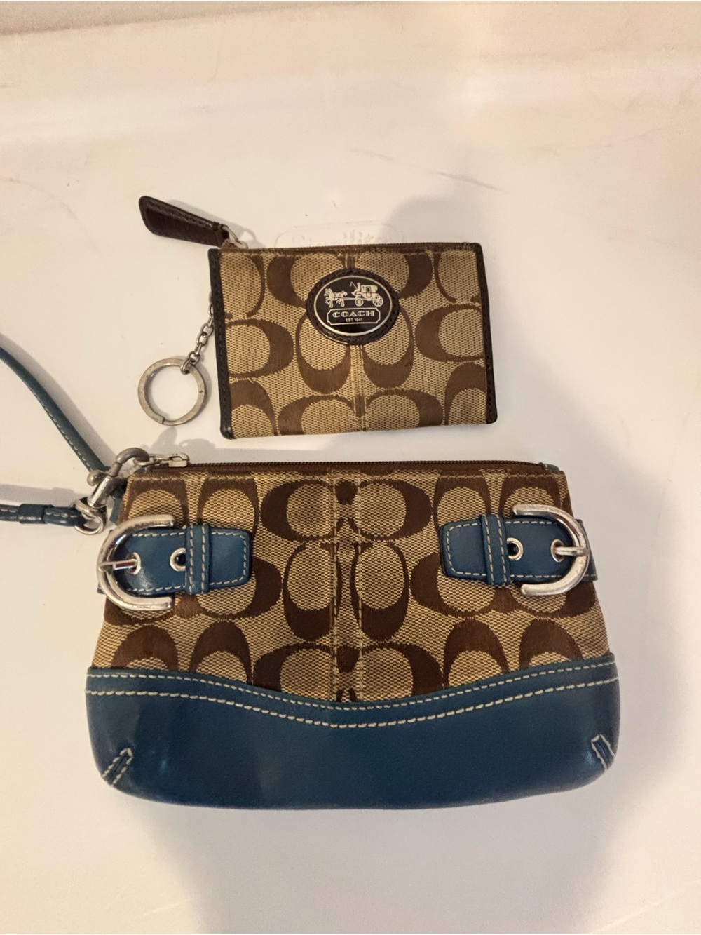 Coach Brown Signature Canvas Wristlet and mini coin purse with Blue Leather Trim